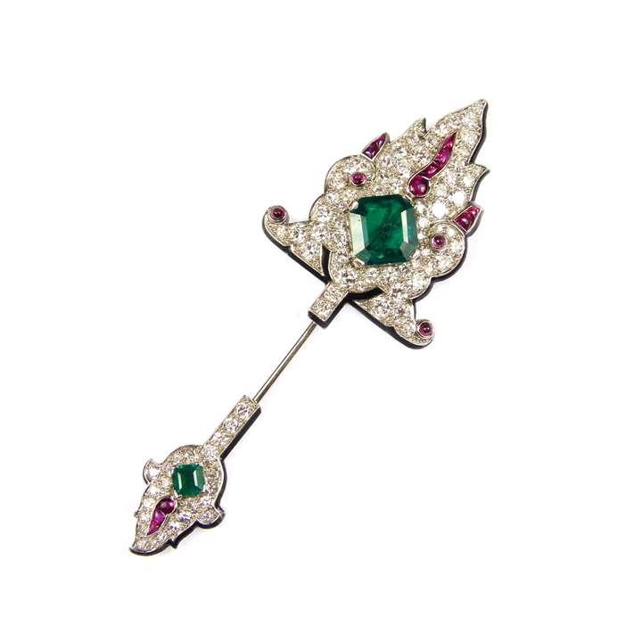 Emerald, ruby, diamond and black enamel jabot pin of Persianesque design